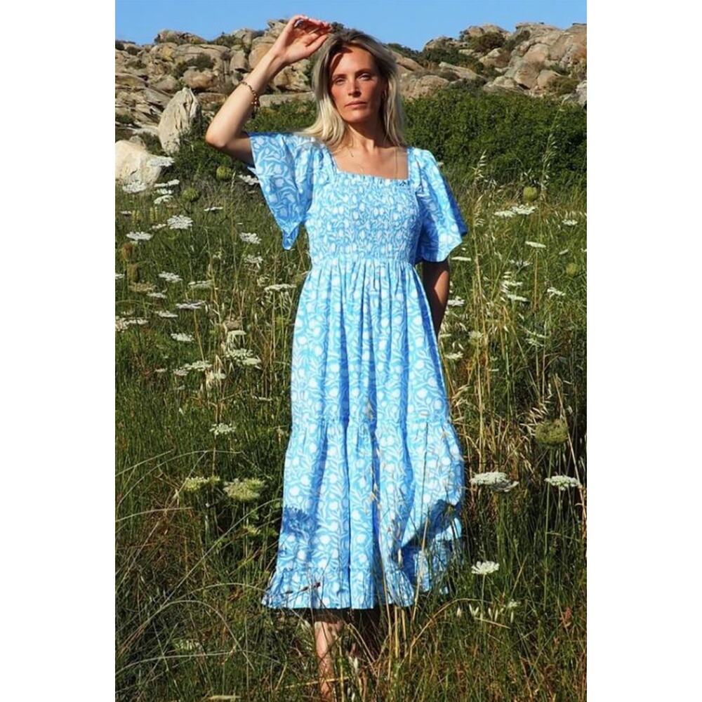 Pink City Prints Tuckernuck Lolita Smocked Midi Dress Blue Tulip Flutter Sleeve